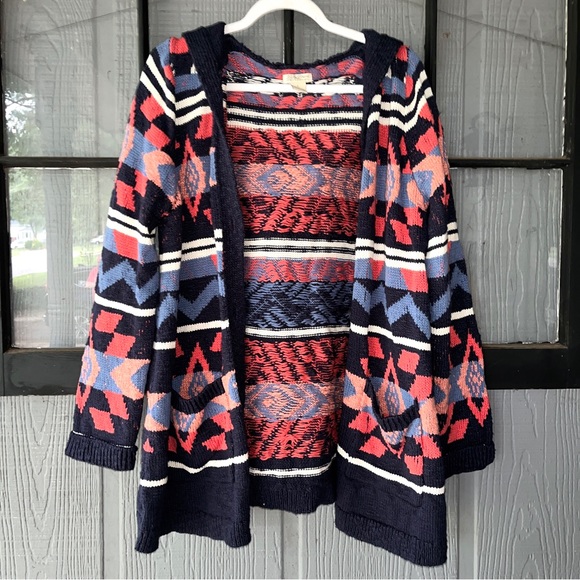 Lucky Brand cardigan sweater with hood, southwestern designs, navy and coral - Picture 6 of 11